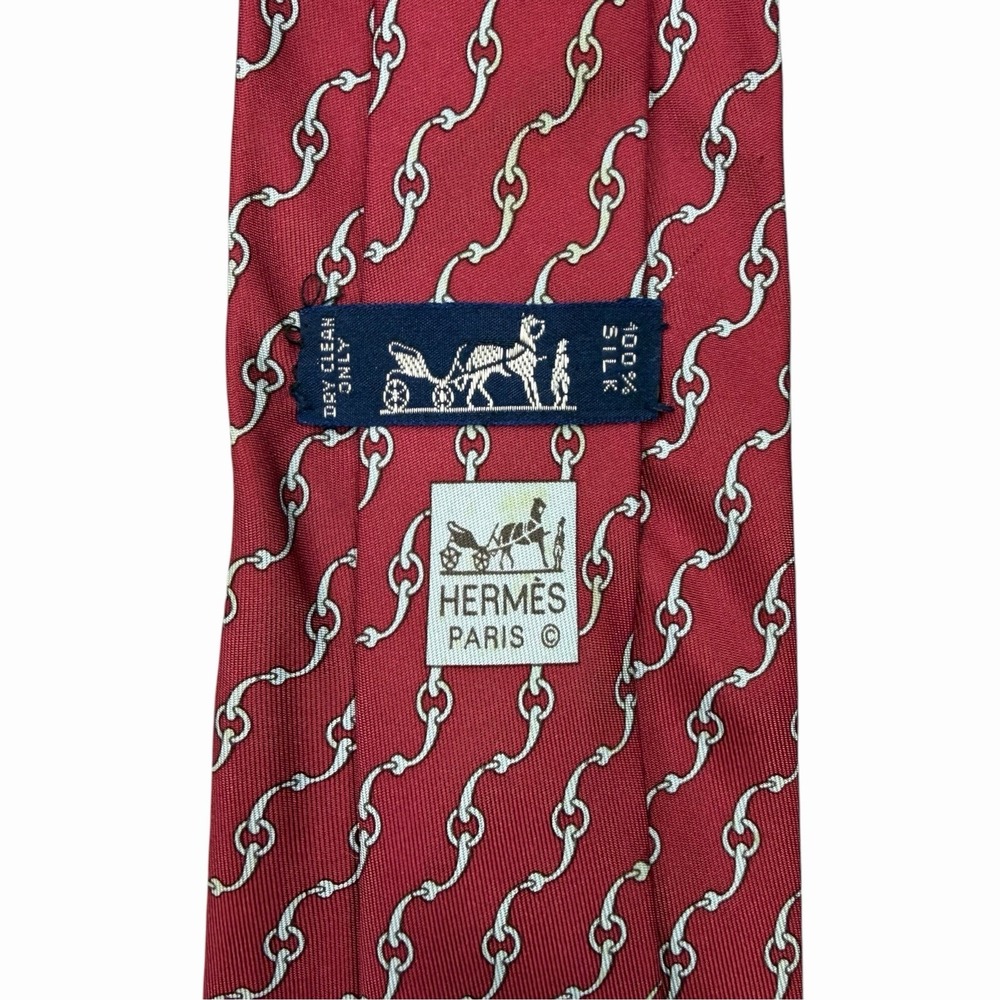 Hermes Men's Tie Chain Links Red 100% Satin Silk 5360 OA 3.75" (W) x 63" (L) guc